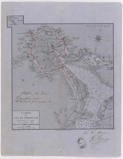 Carte de l'île de Noirmoutier, vue à basse mer / Gravé par Adam, Paris.  / Lithographie Joubert, Nantes ; publiée par F. Piet en 1820 ; revue par Jules Piet en 1863.